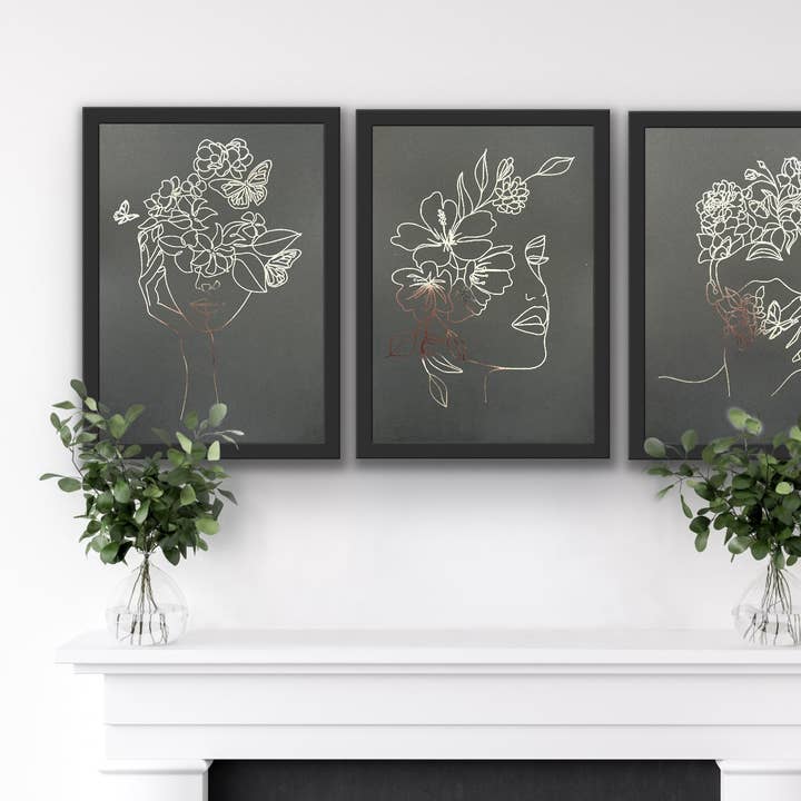 Set of 3, One Line Face Foil Prints Black/Silver for wholesale by Billies Inks