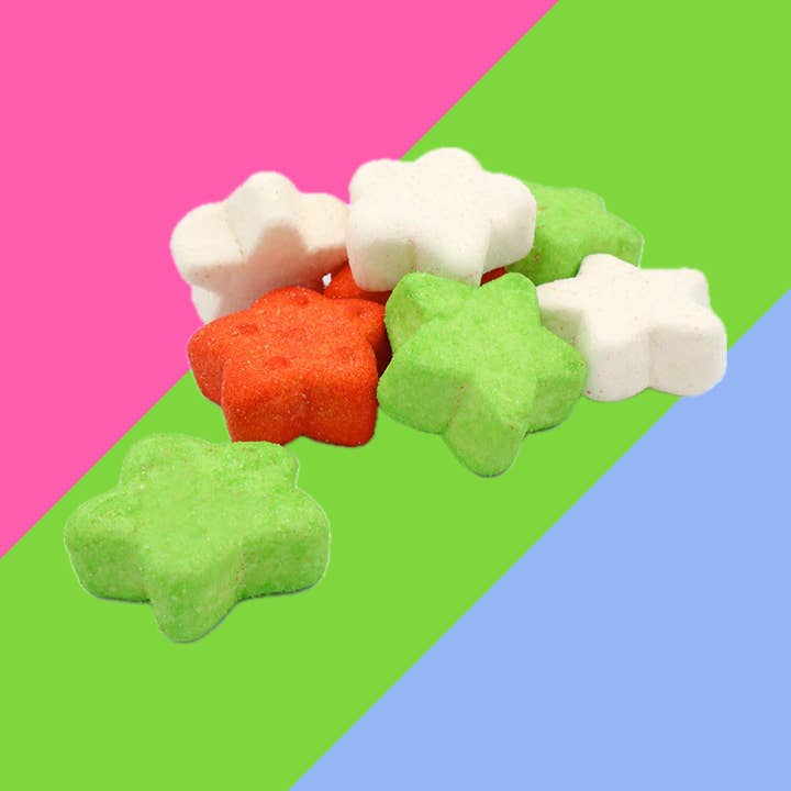 Bulgari Green Red and White Mallow Stars Bag 900g for wholesale by Gaffney's Sweets & Treats Wholesale