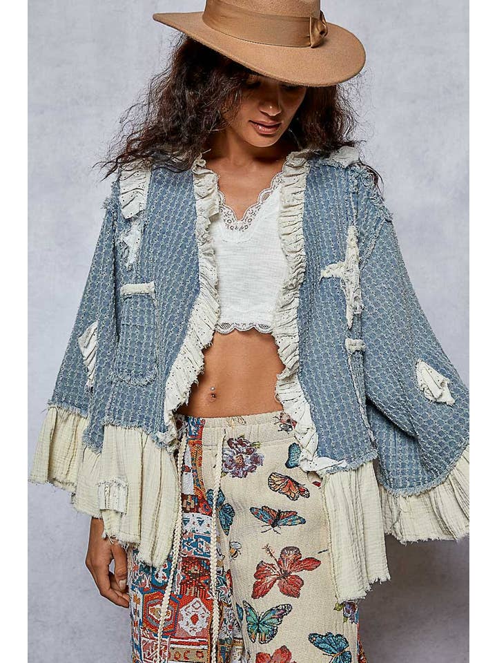 Pol Clothing - Wholesale Denim Jacket - Women's - 3/4 sleeve double gauze ruffle star denim woven jacket8