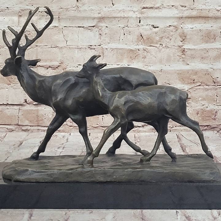 Bronzhaus - Wholesale Sculpture - Deer Buck Elk and Doe Fawn Caribou Reindeer Bronze Statue Sculpture Marble Base 11" x 13"