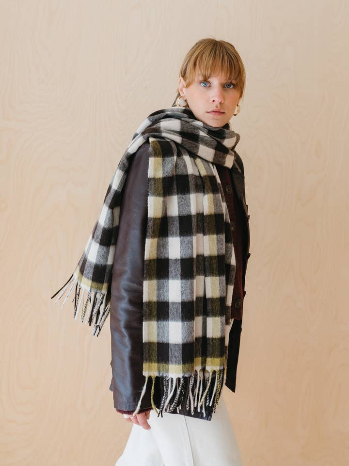 Lambswool Blanket Scarf in Monochrome Gingham for wholesale by TBCo