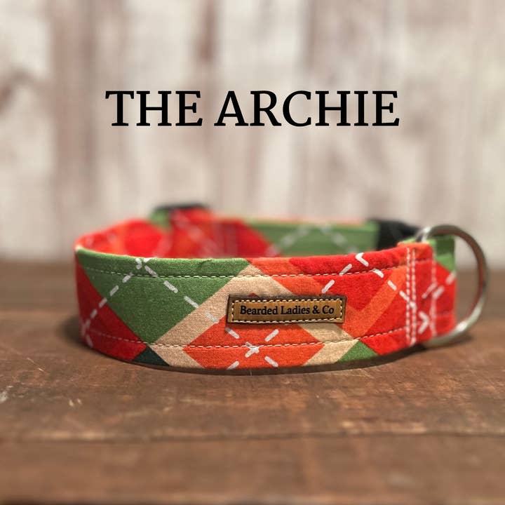 Green, Red + Peach Argyle Dog Collar for wholesale by Bearded Ladies & Co