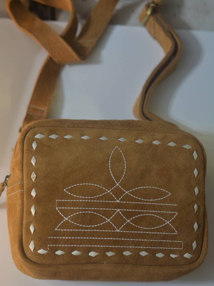 Suede Crossbody Bag with Western Stitching for wholesale by FRINGE & LUXE
