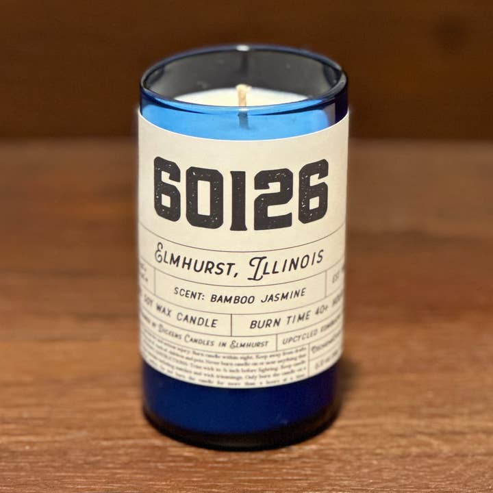 Dickens Candles - Wholesale Jar/filled candle - CUSTOM Zip Code Candle - Upcycled Small Cobalt Blue Bottle0