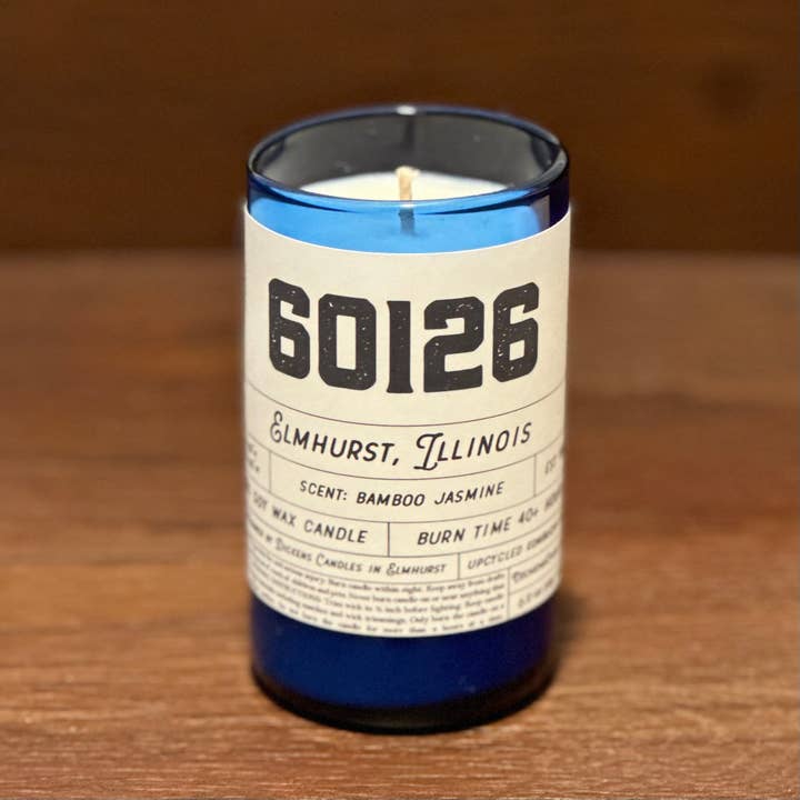CUSTOM Zip Code Candle - Upcycled Small Cobalt Blue Bottle for wholesale by Dickens Candles