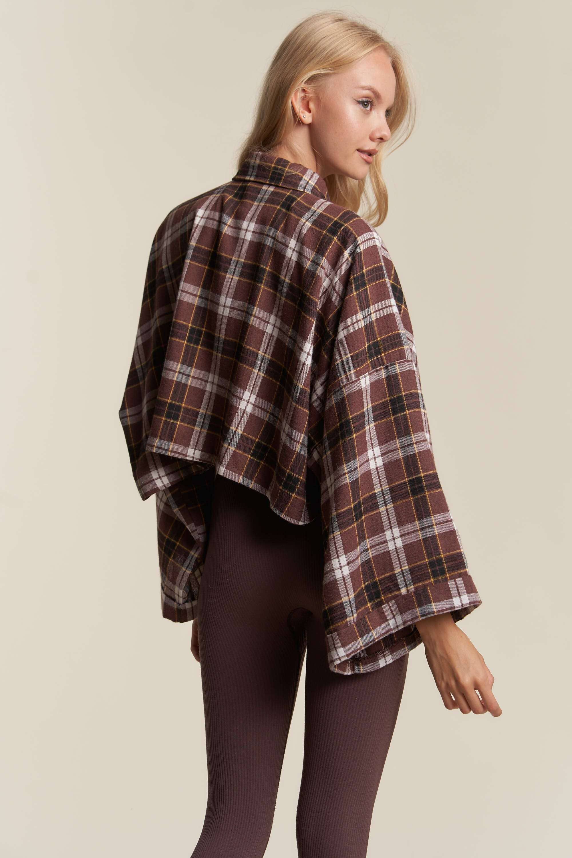 BROWN COMBO WIDE SLEEVE SNAP BUTTON DOWN PLAID SHIRT JACKET for wholesale on Faire18