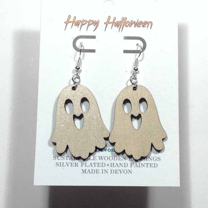 Wooden Halloween Ghosts Earrings - Handmade in Devon for wholesale by Devon Fox