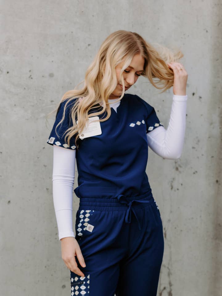 Simple Navy Aztec Top for wholesale by Spurrin' Scrubs