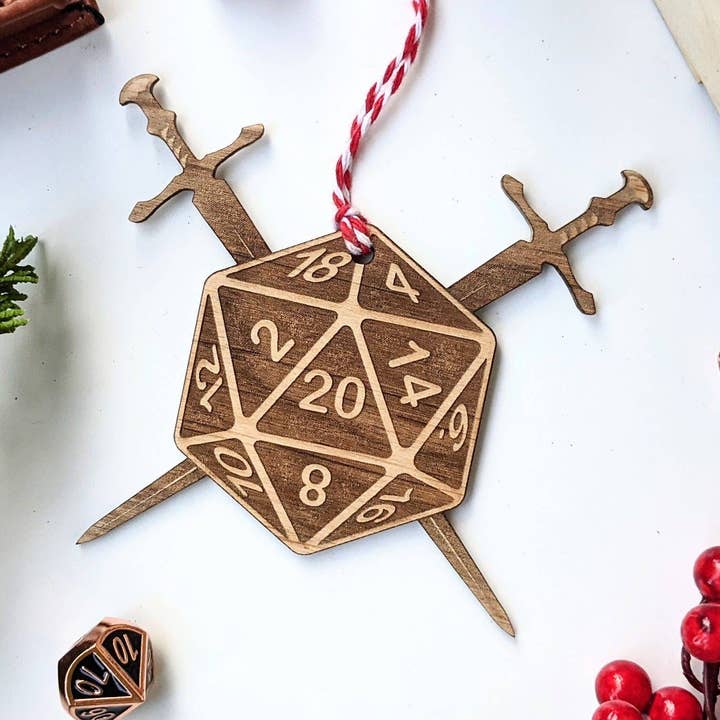 Emberglow Gaming - Wholesale Ornament - Nat20 Swords - Dungeons and Dragons Themed Wooden Ornament0