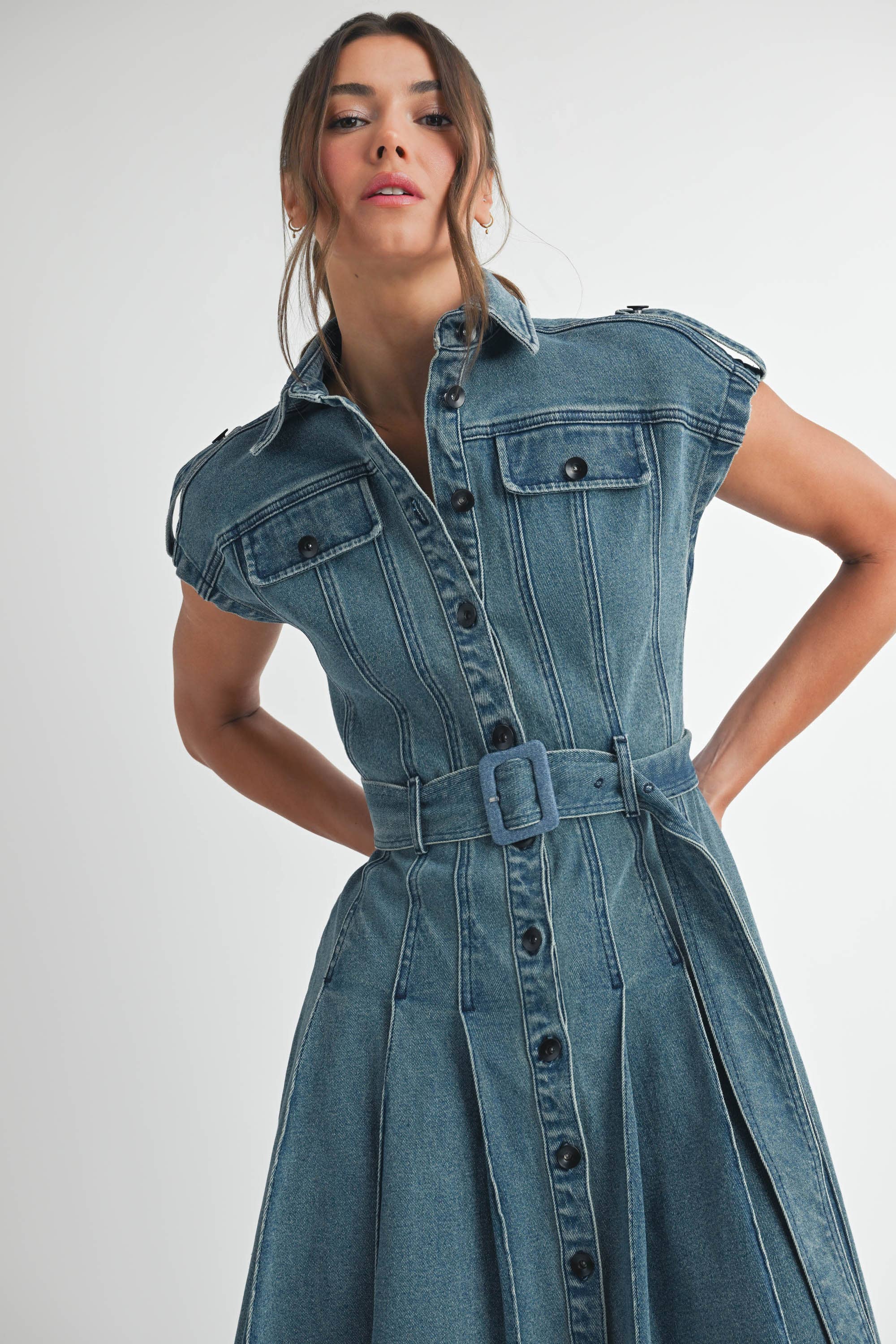 MIDIUM WASH Denim Belted Midi Dress for wholesale on Faire