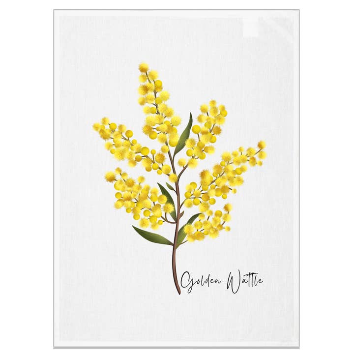 Golden Wattle Design Tea Towel for wholesale by Taylor Hill Scarves & Co