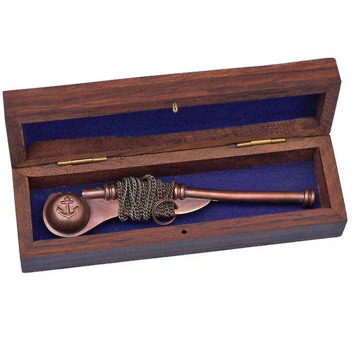 Hampton Nautical - Wholesale Decorative Tabletop Object - Antique Copper Boatswain (Bosun) Whistle 5" w/ Rosewood Box