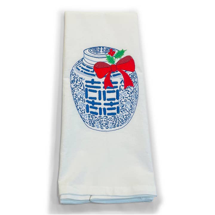 Vibrantly Blue - Vente Torchons - Serviette - Pot à gingembre avec nœud rouge avec blanc1