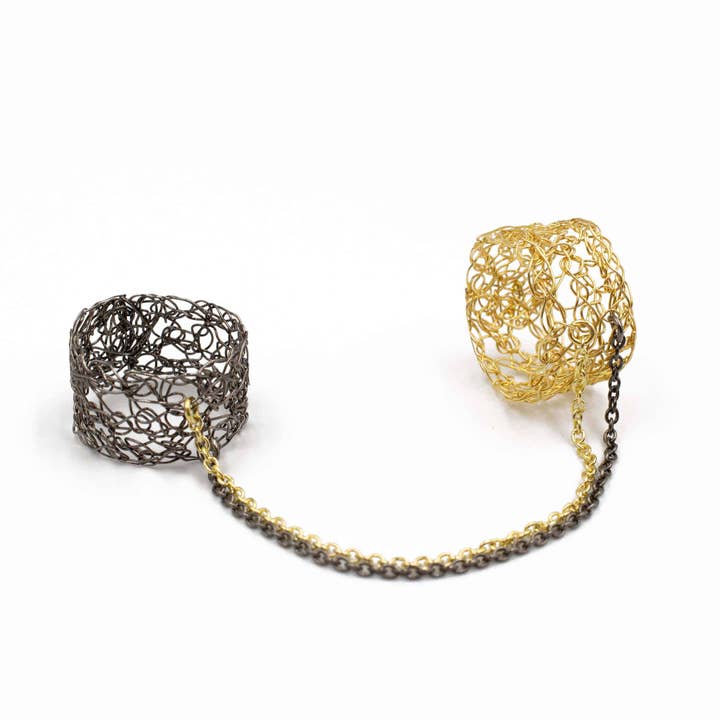 Yellow Gold and Black Rhodium Double Finger Bond Rings for wholesale by MARIA GLEZELLI