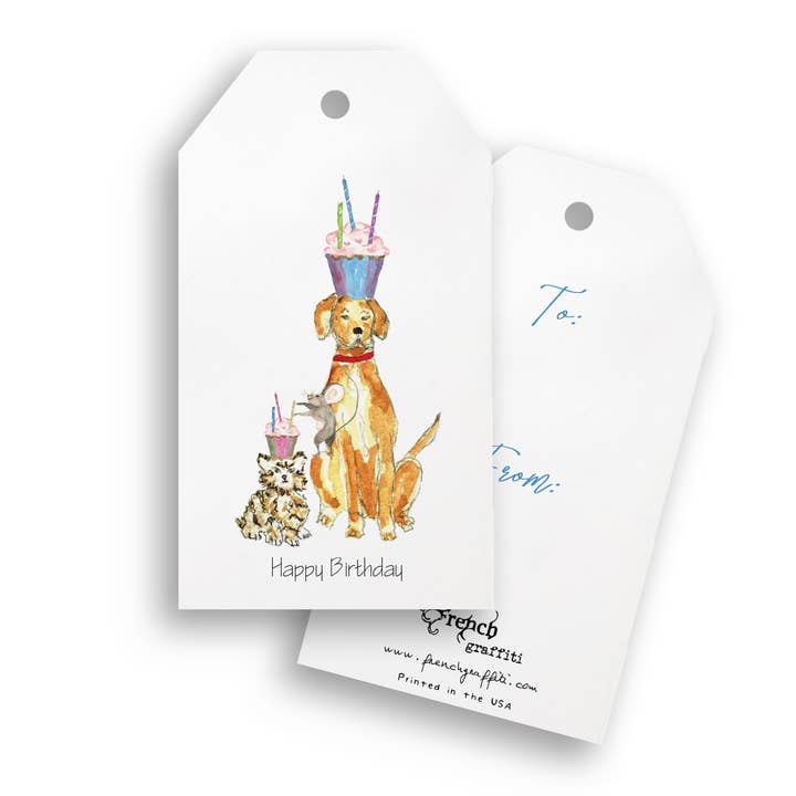 Etiquetas de regalo de cumpleaños para perros, gatos y ratones | Paquete de 4 para venta al por mayor de French Graffiti