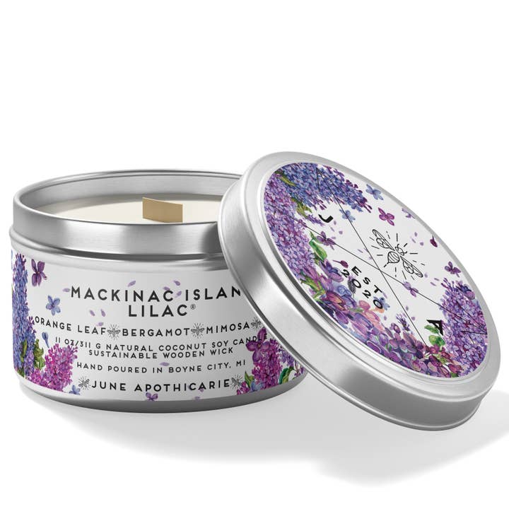 Mackinac Island Lilac Wooden Wick 11 oz Tin Candle for wholesale by June Apothicarie