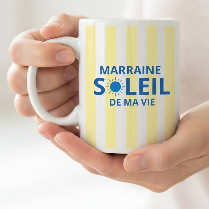 Mug Marraine Soleil de ma vie - Rayures Jaune pour la vente par les bambetises