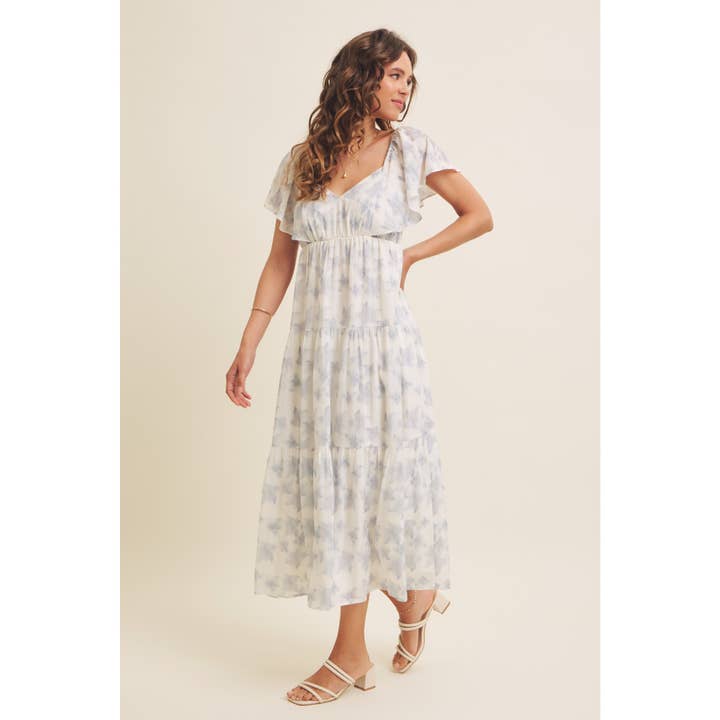 in february - Wholesale Dress - Women's - ROMANTIC FLORAL SHEER MIDI DRESS WITH FLUTTER SLEEVES