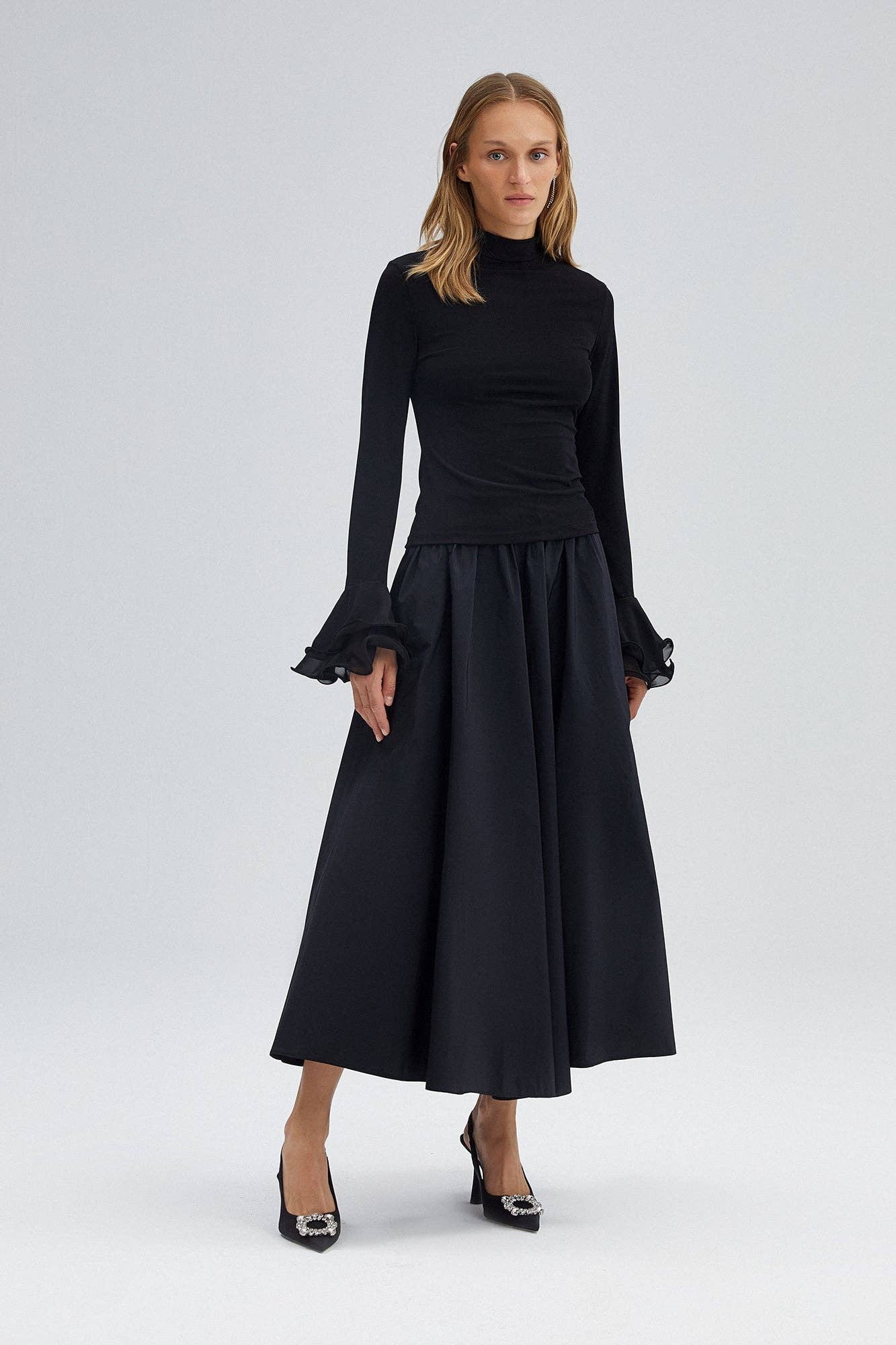 Siyah Knit Blouse with Sheer Chiffon Flounce Sleeves for wholesale on Faire1