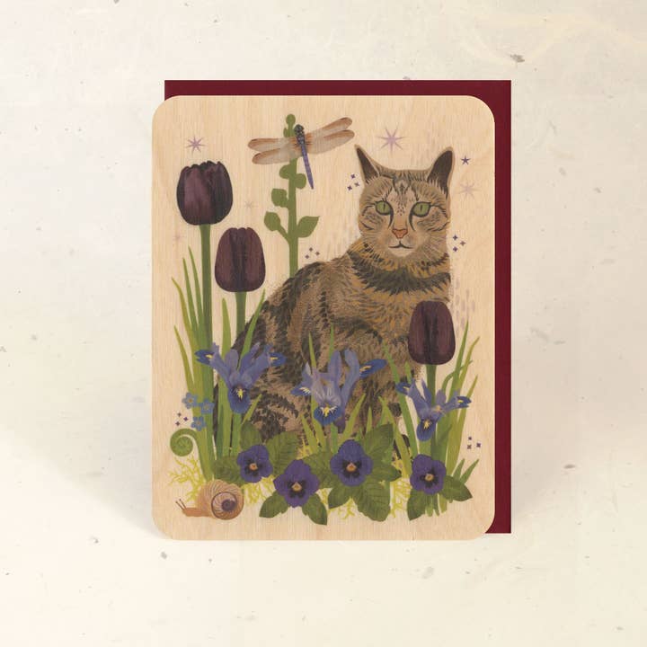 Little Gold Fox Designs - Wholesale Everyday Greeting Card - Tabby Cat and Dragonfly Wood Greeting Card