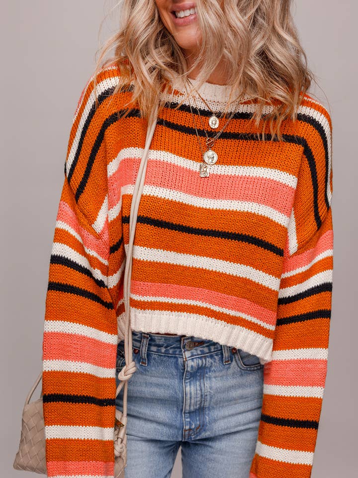 Orange Stripe Drop Shoulder Cropped Pullover Sweater for wholesale by Sweet Lover Fashion