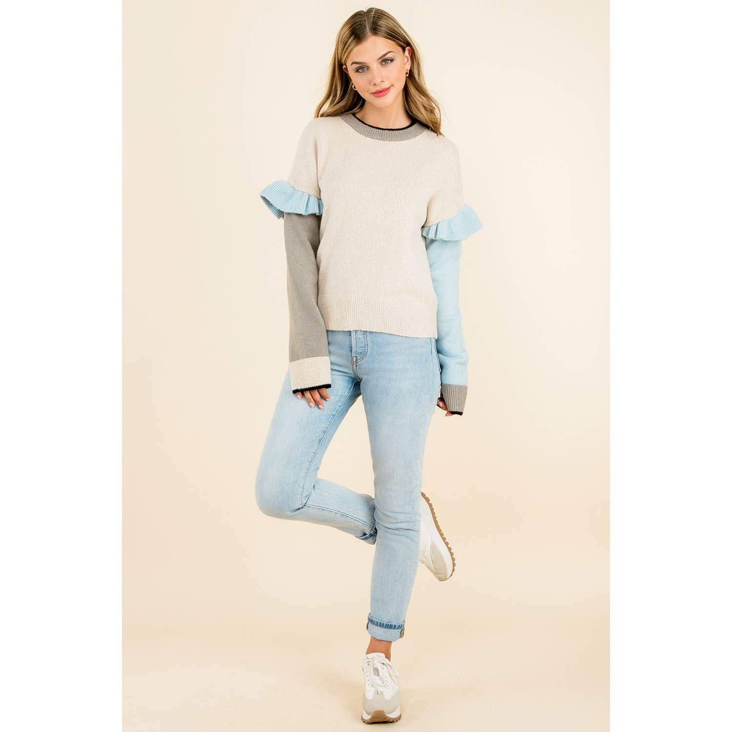 BEIGE Maglione a blocchi di colore con maniche a balze in vendita all'ingrosso su Faire2