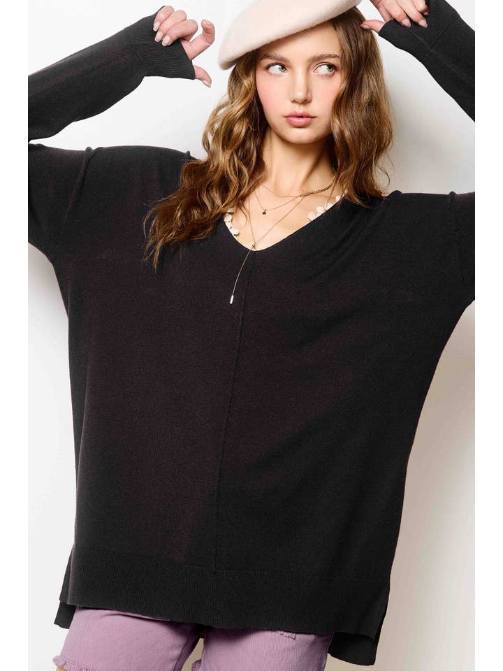 La Miel - Wholesale Knit Sweater - Women's - JBS3122-Stretchy V-neck Long Sleeve Lightweight Knit Top