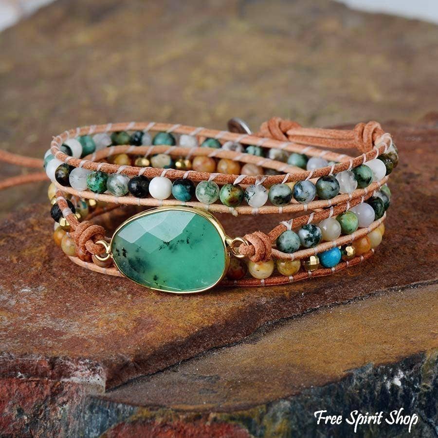 Free Spirit Shop - Vente Bracelet de perles - Bracelet enroulé en jade vert et jaspe, bracelet bohème en perles2