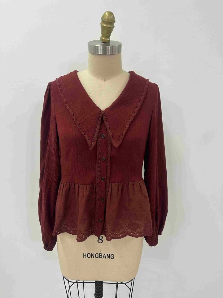 COTTON EYELET ACCENT COLLARED TOP for wholesale by Polagram by Wellmade USA