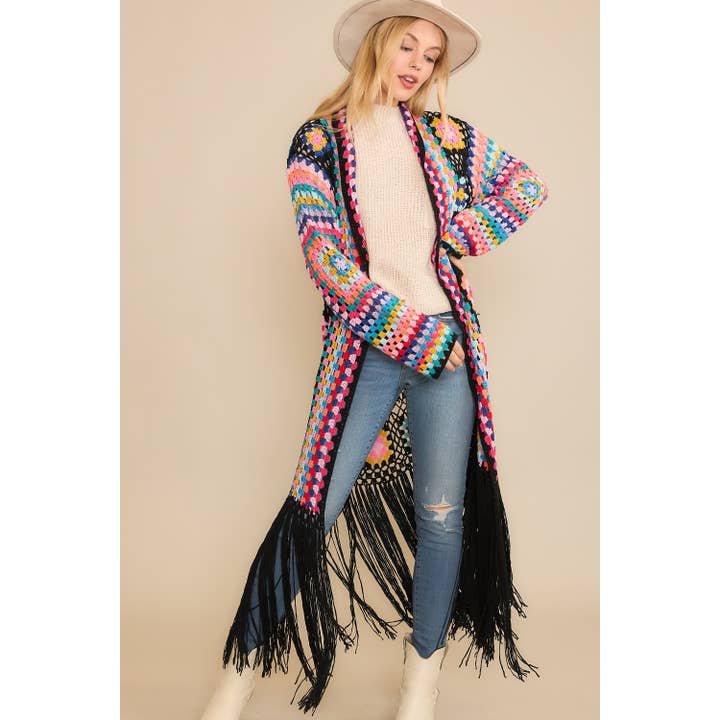 Sweet Generis - Wholesale Cardigan - Women's - COLORFUL CROCHET FRINGE CARDIGAN DUSTER