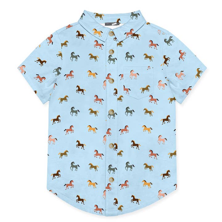 Kids Ice Blue Mini Horses Short-Sleeve Button-Up for wholesale by Millie Loves Lily