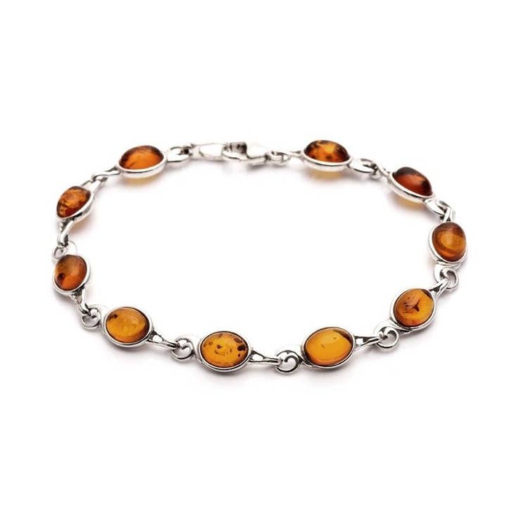Natural oval cognac amber bracelet, sterling silver 925, 18 cm for wholesale by OPALOOK France