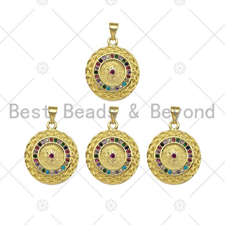 La micro CZ variopinta pavimenta la stella polare sul pendente rotondo a forma di moneta, fascino delicato del medaglione dell'oro, pendente del braccialetto della collana, 19x23mm, Sku #LK223 per la vendita all'ingrosso da parte di BestBeads&Beyond
