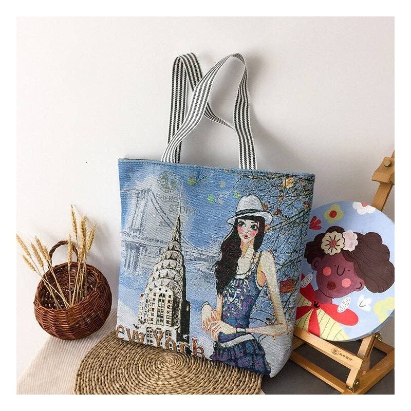 UZ Wholesale Store - Vendita all'ingrosso Borsa tote - Donna - Borsa Tote in Tela di Grande Capacità con Stampa Minimalista0