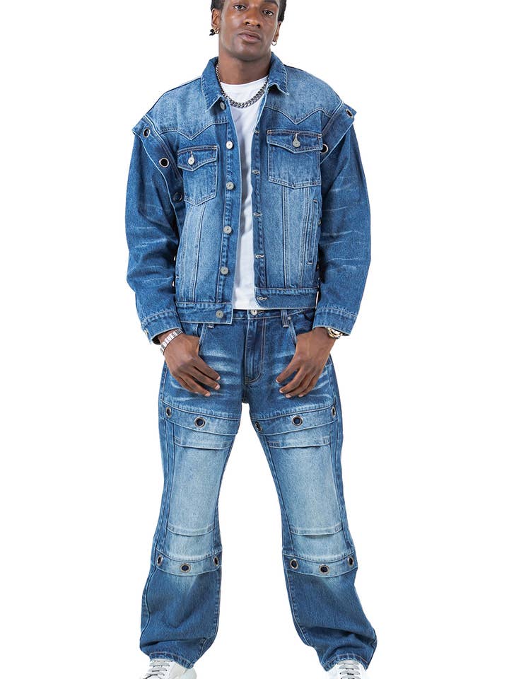 KJ2497 MEDIUM DENIM EYELET DETAIL JACKET for wholesale by Platform 100