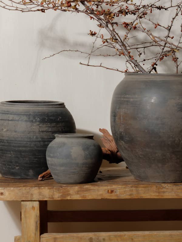 vintage matte grey clay pots, rustic interior pottery, urns for wholesale by Element Accessories USA