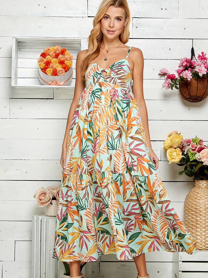 MULTI TROPICAL PRINT TIERED DRESS for wholesale by Sweet Lemon