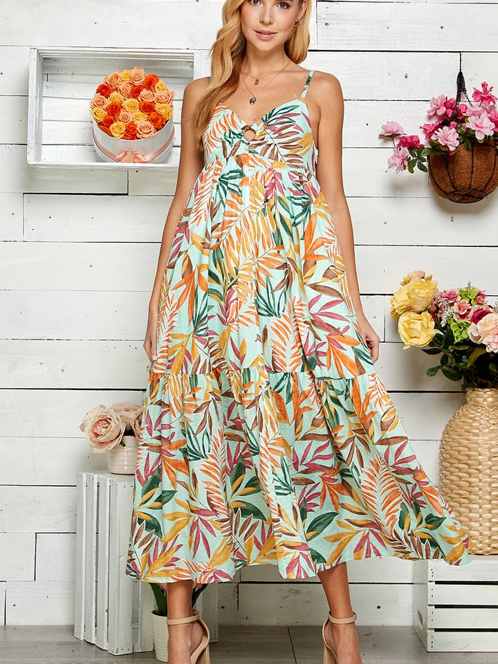 MULTI TROPICAL PRINT TIERED DRESS for wholesale by Sweet Lemon