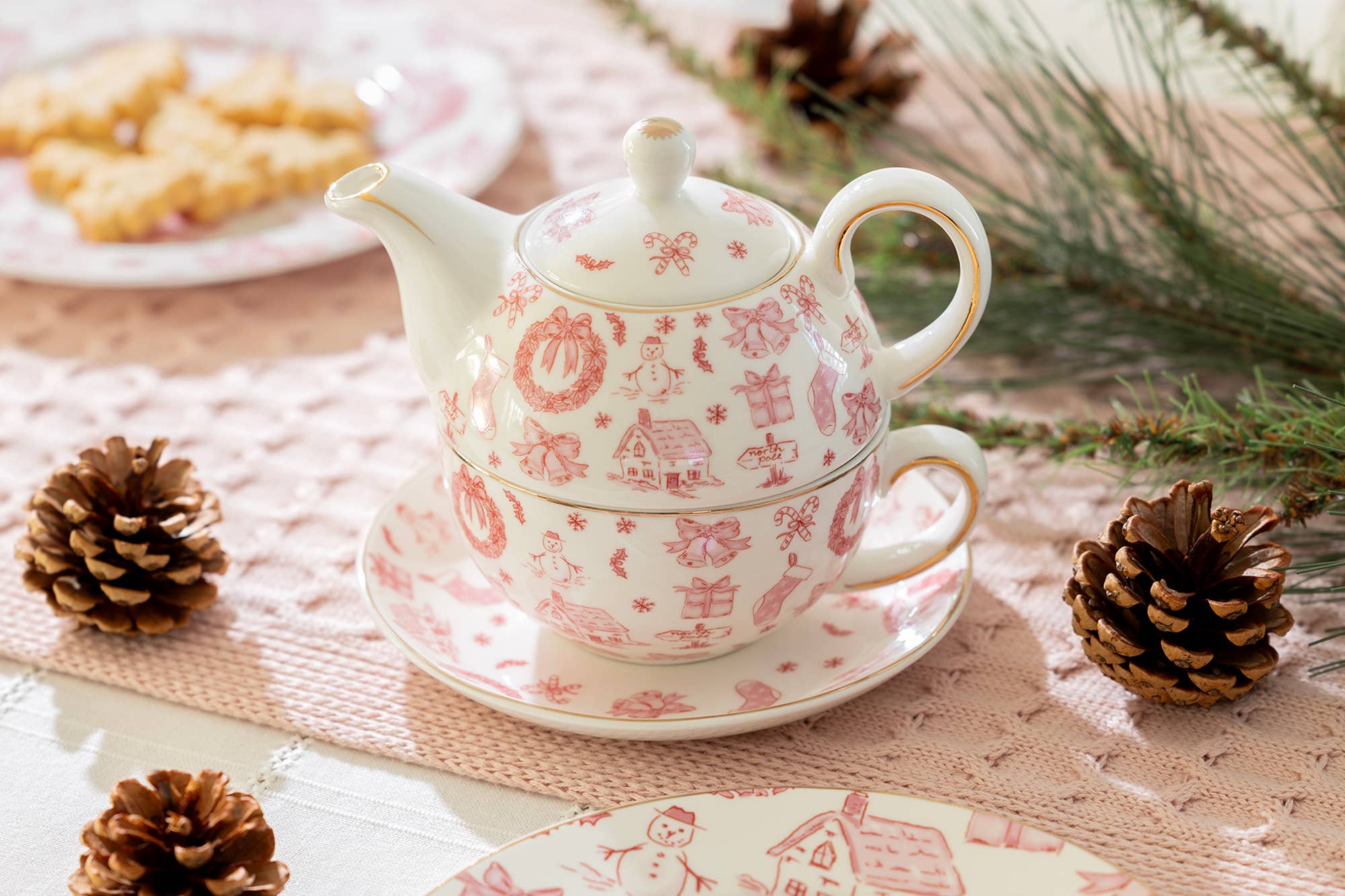 Grace Teaware - Wholesale Tea Set - Christmas Pink Bow Fine Porcelain Tea For One Set