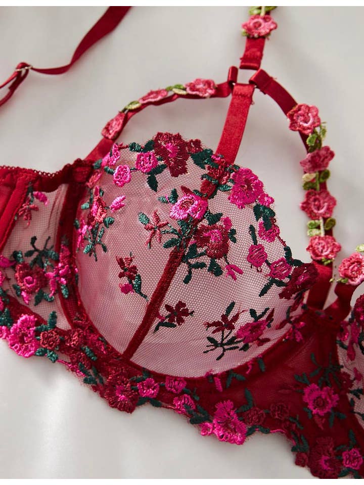 Wine Ladies Floral Embroidery See Through 3PCSÂ Lingerie Set XX0170 for wholesale on Faire