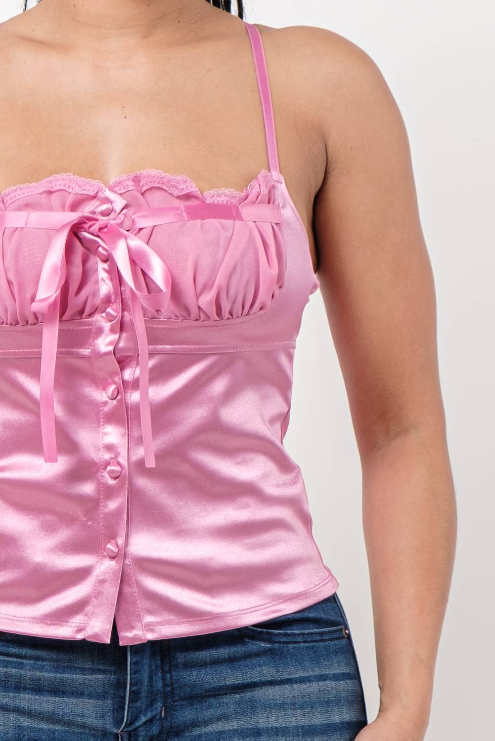 Julia by LoveJ - Wholesale Blouse - Women's - Buttons Mesh Ruched Lace Trim Front Tie Top11