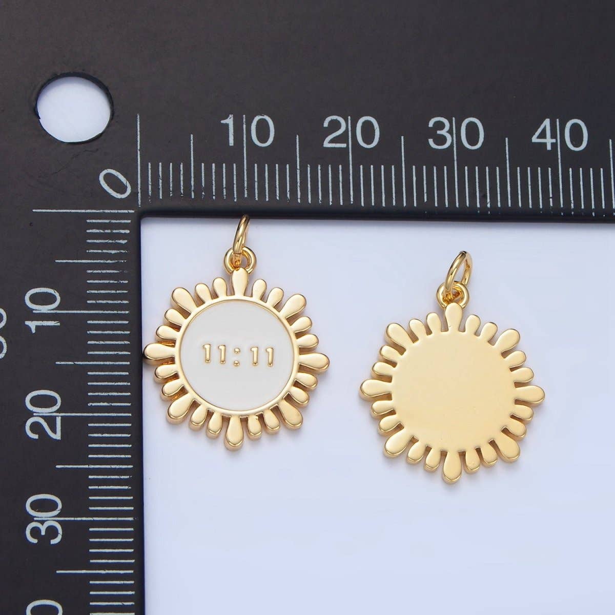 Aim Eternal - Wholesale Individual Charm/Pendant - 24K Gold Filled "11:11" Angel Number White Enamel Celestial Sun Flower Charm | X8371