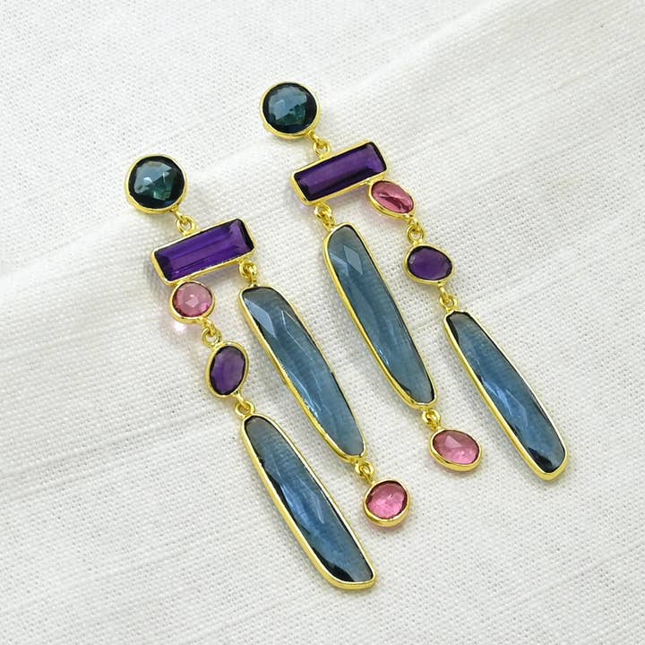 Schmuckoo Berlin - Wholesale Dangle Earrings - Chiyo Geometric Earring - Blue Iolite, Amethyst & Tourmaline