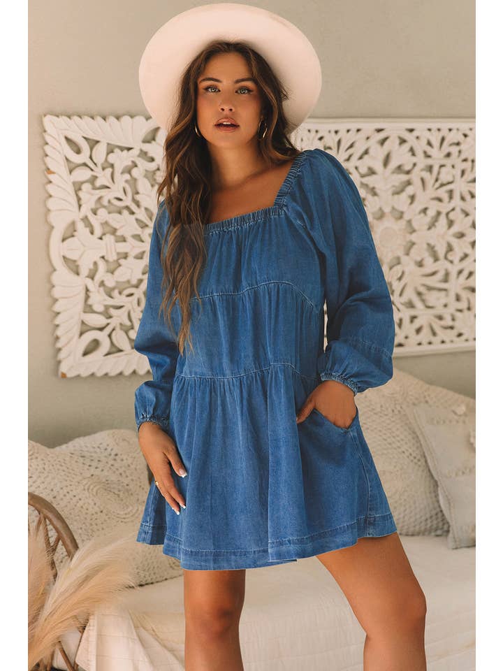 Dusk Blue Square Neck Denim Mini Dress with Side Pockets for wholesale on Faire