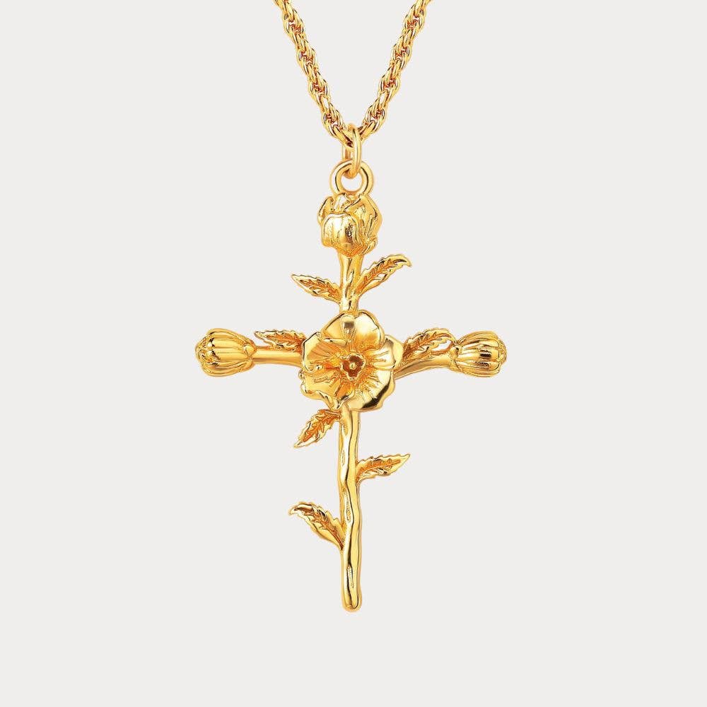 Verdivine - Wholesale Pendant/Charm Necklace - Floral Cross August Poppy Birth Flower Necklace0