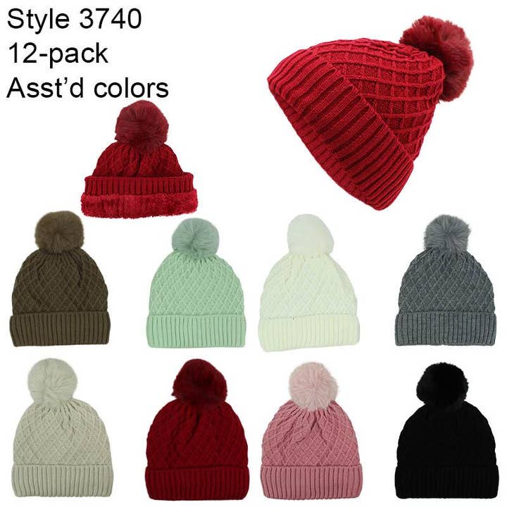 3740 - One Dozen Knit Hat with PomPom for wholesale by Jasper Trading LLC