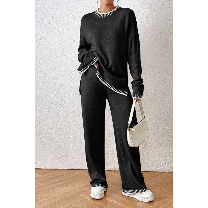 Supreme Fashion - Wholesale Lounge Set - Women's - Knit Color Block Loose Edged Sweater And Pant Set