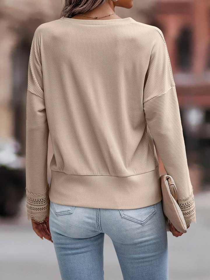 eLook - Wholesale Knit Top - Women's - SZ1-TP9103 Ribbed Lace Crochet Trim V-Neck Top2