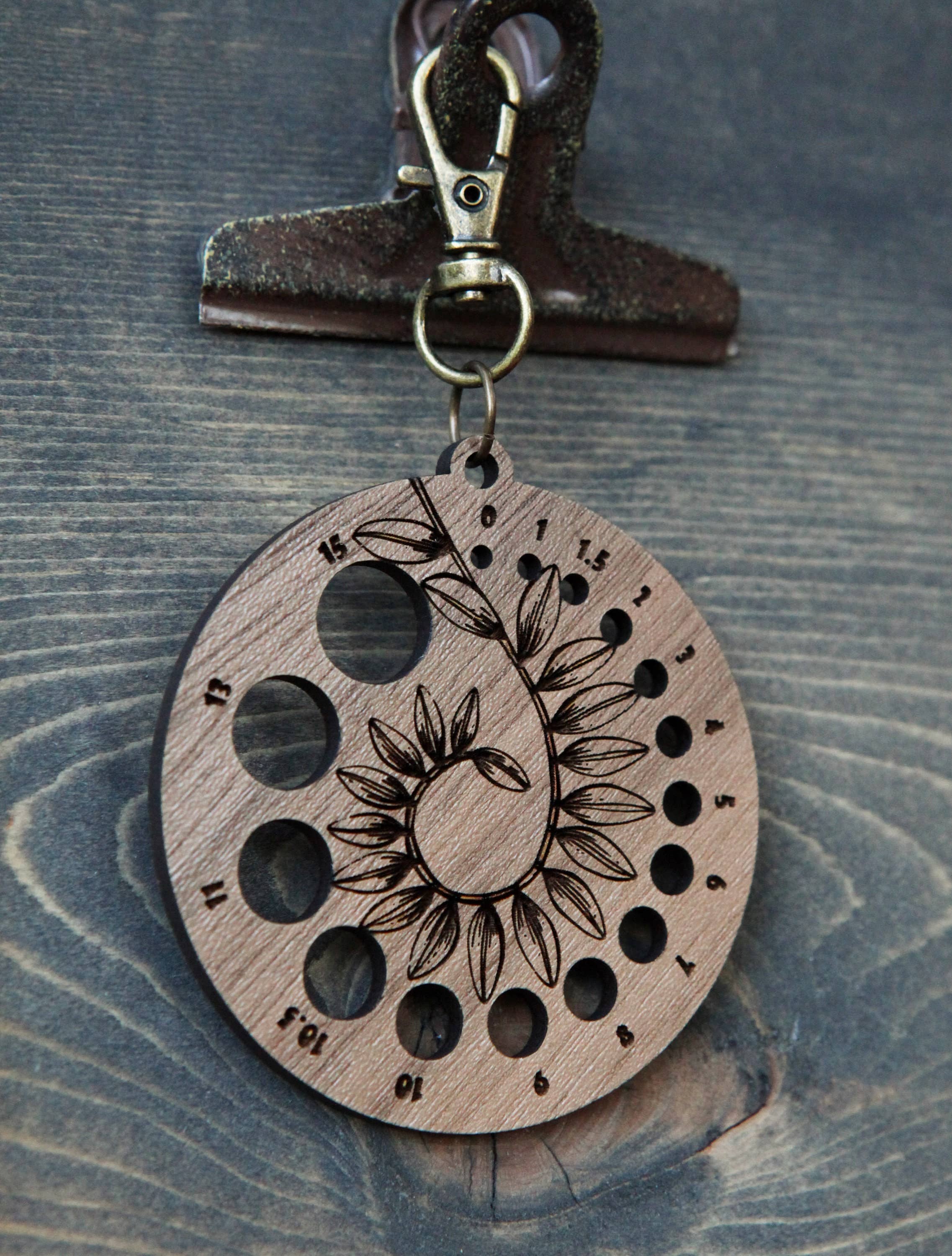 Sunrise Grove - Wholesale Knitting/Crochet Supplies - Walnut Wood Knitting Needle Gauge with Bronze Clasp3