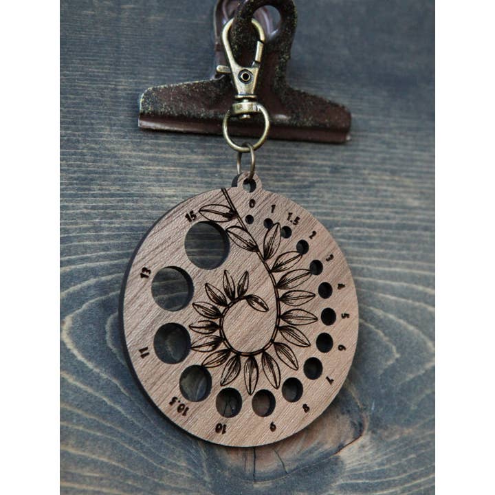 Sunrise Grove - Wholesale Knitting/Crochet Supplies - Walnut Wood Knitting Needle Gauge with Bronze Clasp3